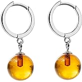 Genuine Baltic Amber Small Hoop Earrings for Women in Sterling Silver, Rich Cognac Color