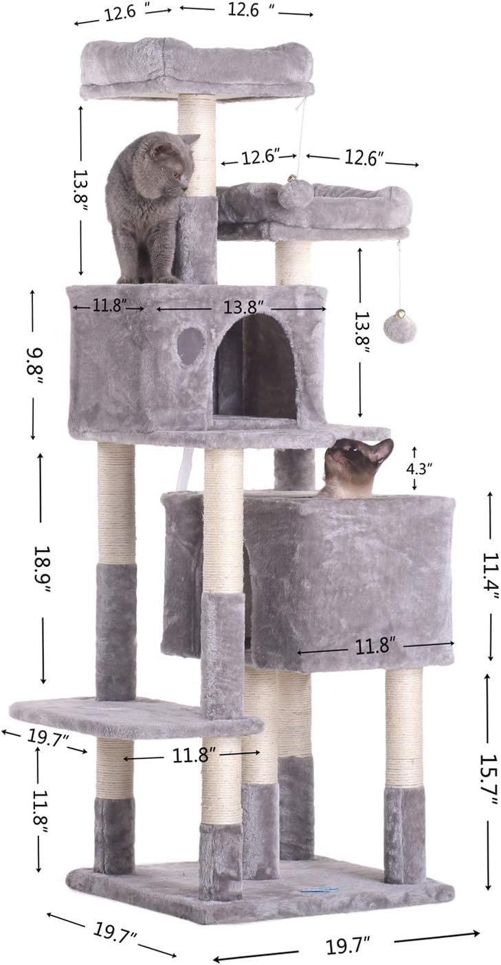Hey-bro 60 inches Large Multi-Level Cat Tree Condo Furniture with Sisal-Covered Scratching Posts, 2 Plush Condos, 2 Plush Perches, for Kittens, Cats and Pets, Light Gray MPJ012W : Pet Supplies