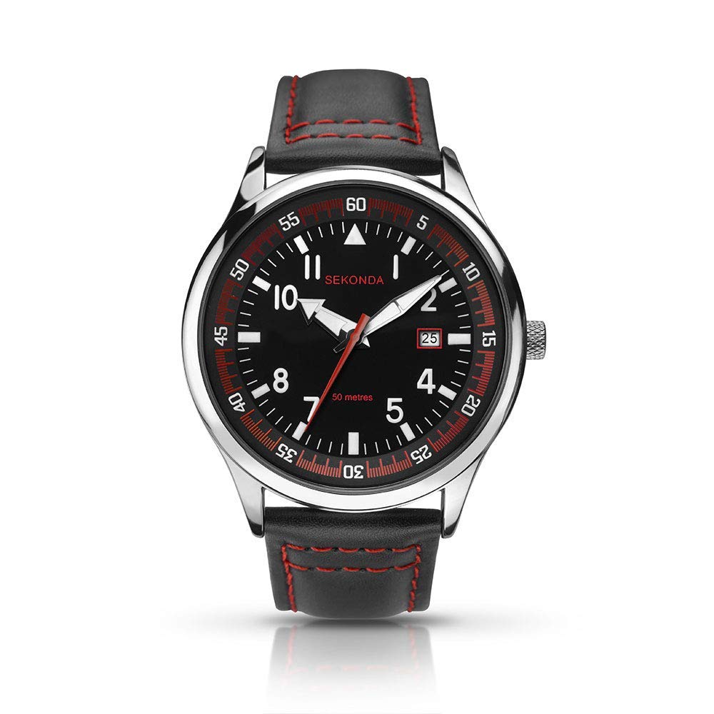 Sekonda Mens Black Leather Strap with Red Stitching Analogue Watch 1463