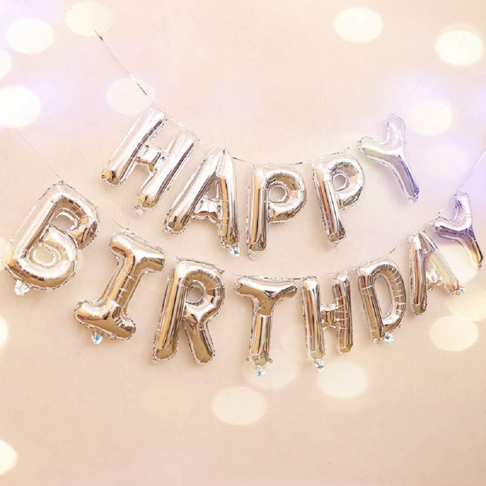 Conniecony Happy Birthday Balloons,16 inch Happy Birthday Alphabet Banner Foil Balloons Mylar Balloons for Birthday Decorations and Party Supplies (Silver)