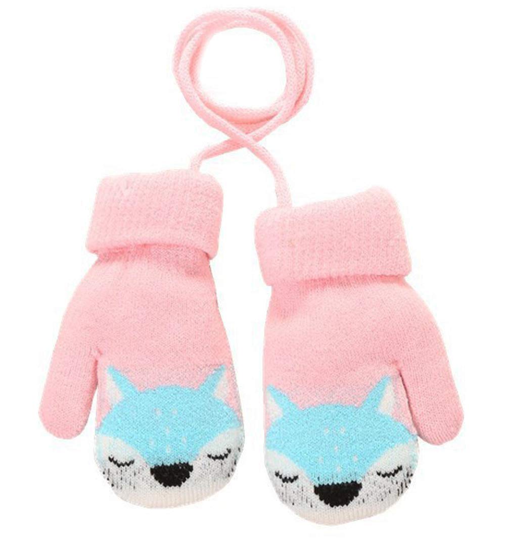 ITODA Kids Toddlers Gloves On String Cute Knitted Mittens Winter Warm Full Finger Gloves Thicken Cashmere Cartoon Animal Wrist Glove Girls Boys Ski Indoor Outdoor Glove for Children 1-4 Years (Pink)