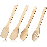 Bamboo Cooking Utensils 4 Pcs Wooden Spoons for Cooking, Nonstick Bamboo Kitchen Utensils Set Includes Slotted Spoon, Wooden Spoon & Wood Spatula for Daily Use Non-Stick Pans