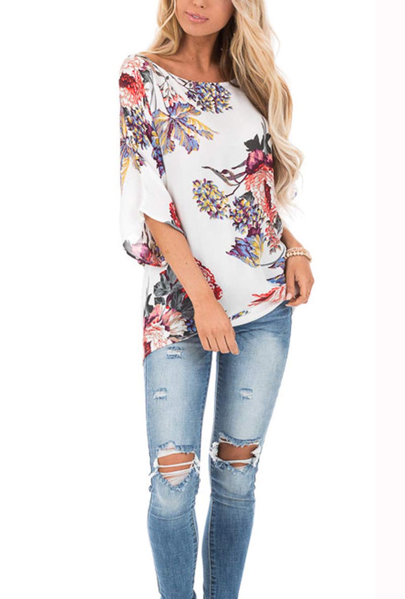 Women\'s Print V Neck Half Short Cut Sleeve Tops with Twist Knot Front Shirts Blouses (S, White)