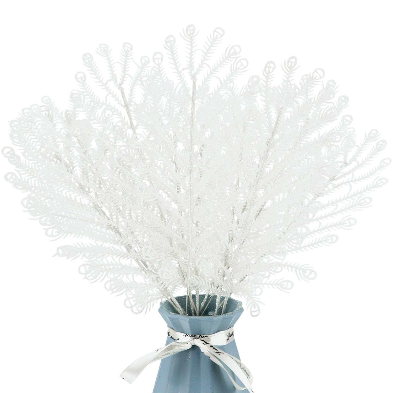 Kunjocy 12 Pcs Christmas Glitter Leaves, Artificial Christmas Floral Picks Faux Floral Plant Decor Christmas Tree Filler Picks for Xmas DIY Wreaths Decorative Wedding Party (White)