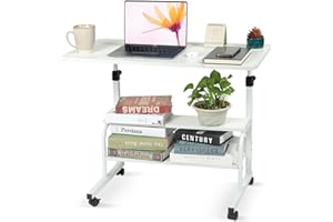 QZMDSM Small Desks Portable Laptop Computer Desk for Small Spaces Adjustable Desk Standing Desk for Bedrooms Couch Desk for Home Office Table Mobile Rolling Desk on Wheels White Desk with Storage