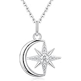 Color-D VVS1 Clarity Moissanite Star and Moon Necklace, 925 Sterling Silver Moonl Pendant with White Gold Plated, Birthday Christmas Valentine's Day Jewelry for Her