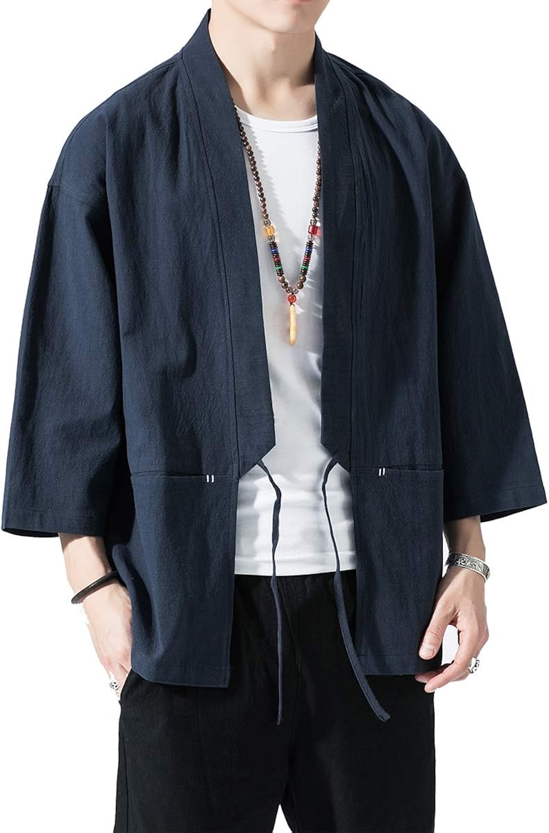 PRIJOUHE Men's Kimono Jackets Cardigan Lightweight Casual Cotton Blends Linen Seven Sleeves Open Front Coat Outwear at  Men’s Clothing store