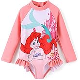 Disney Frozen Stitch Princess Minnie Mouse Girls Swimsuit Long Sleeve Rashguard UPF 50 One Piece Bathing Suit Size 3M-13Y
