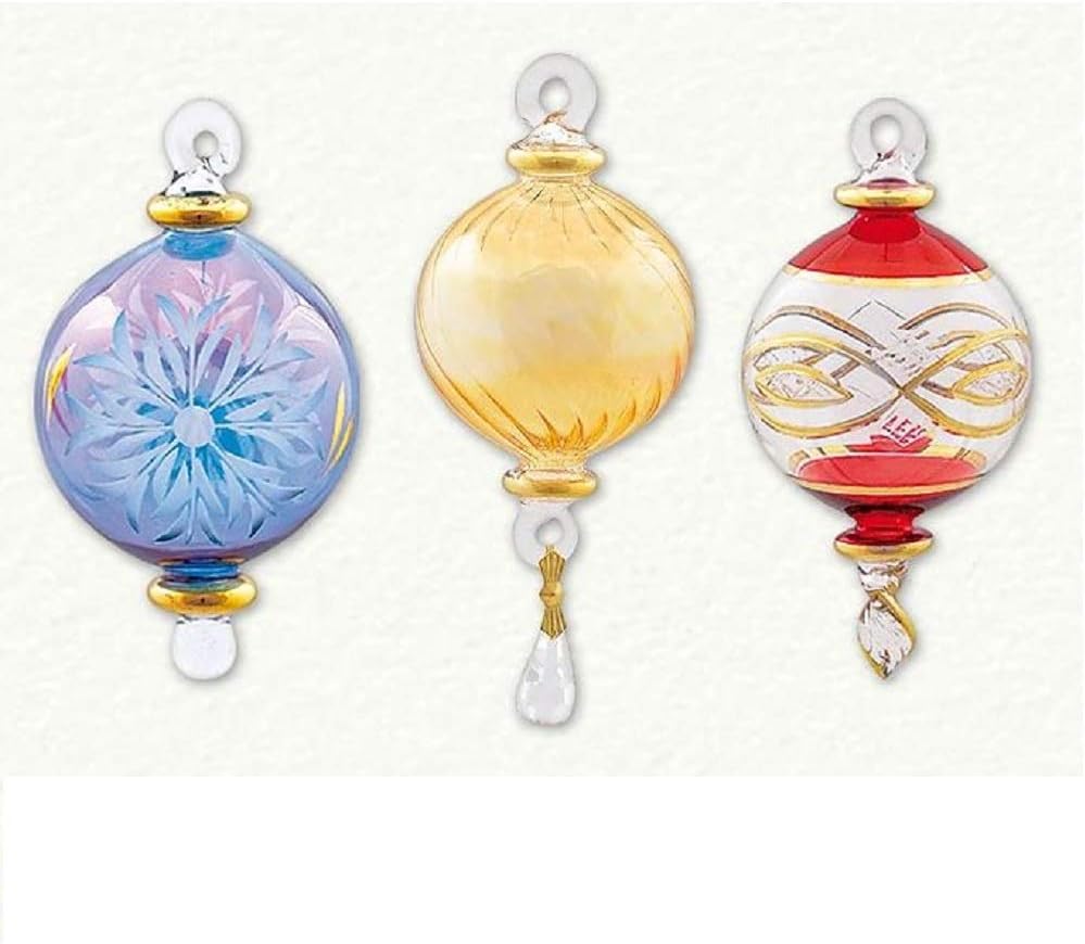 Red Yellow and Blue Balls Mini Egyptian Glass Christmas Ornaments Set of 3 New