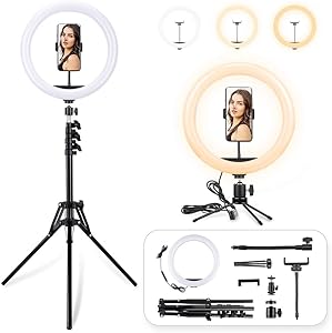LED Ring Light with Tripod and Desk Stand, 12 inch Dimmable Circle Light Kit, 3 Color Modes and 10 Brightness, USB Powered, Heighten Hose, Phone Holder for iPhone Streaming, Video Recording, Camera