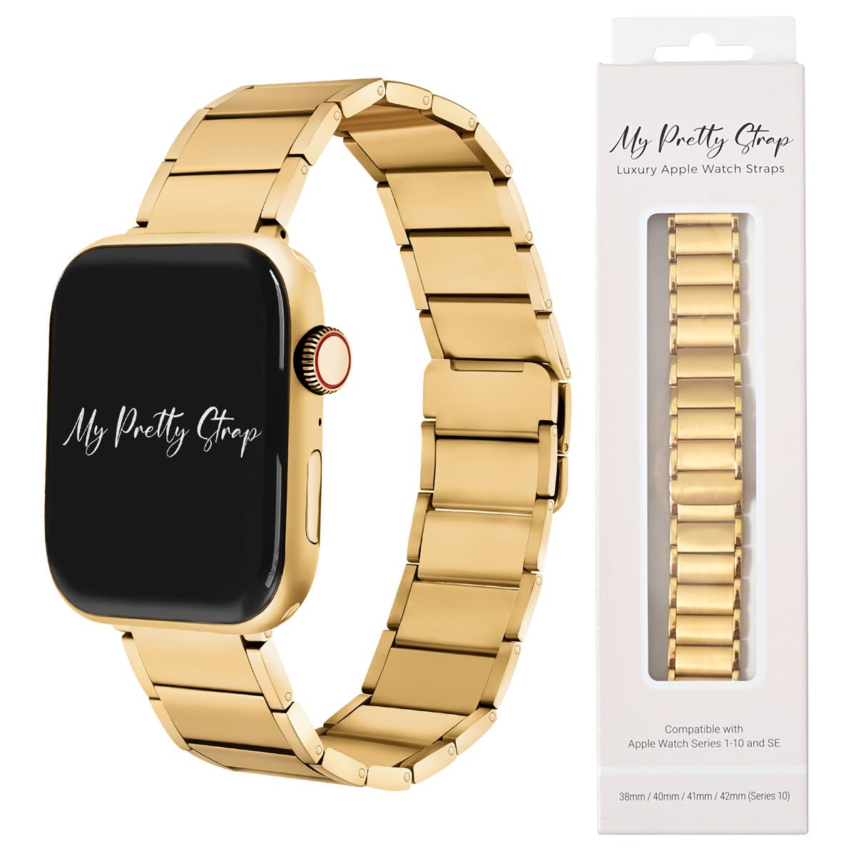 my pretty strap - compatible apple watch band strap, stainless steel fashion iwatch replacement strap- easy resizing, no tool needed, fits most wrists- series 1-11, se and ultra angelic gold 38mm / 40mm/ 41mm / (series 10& 11 - 42 mm)