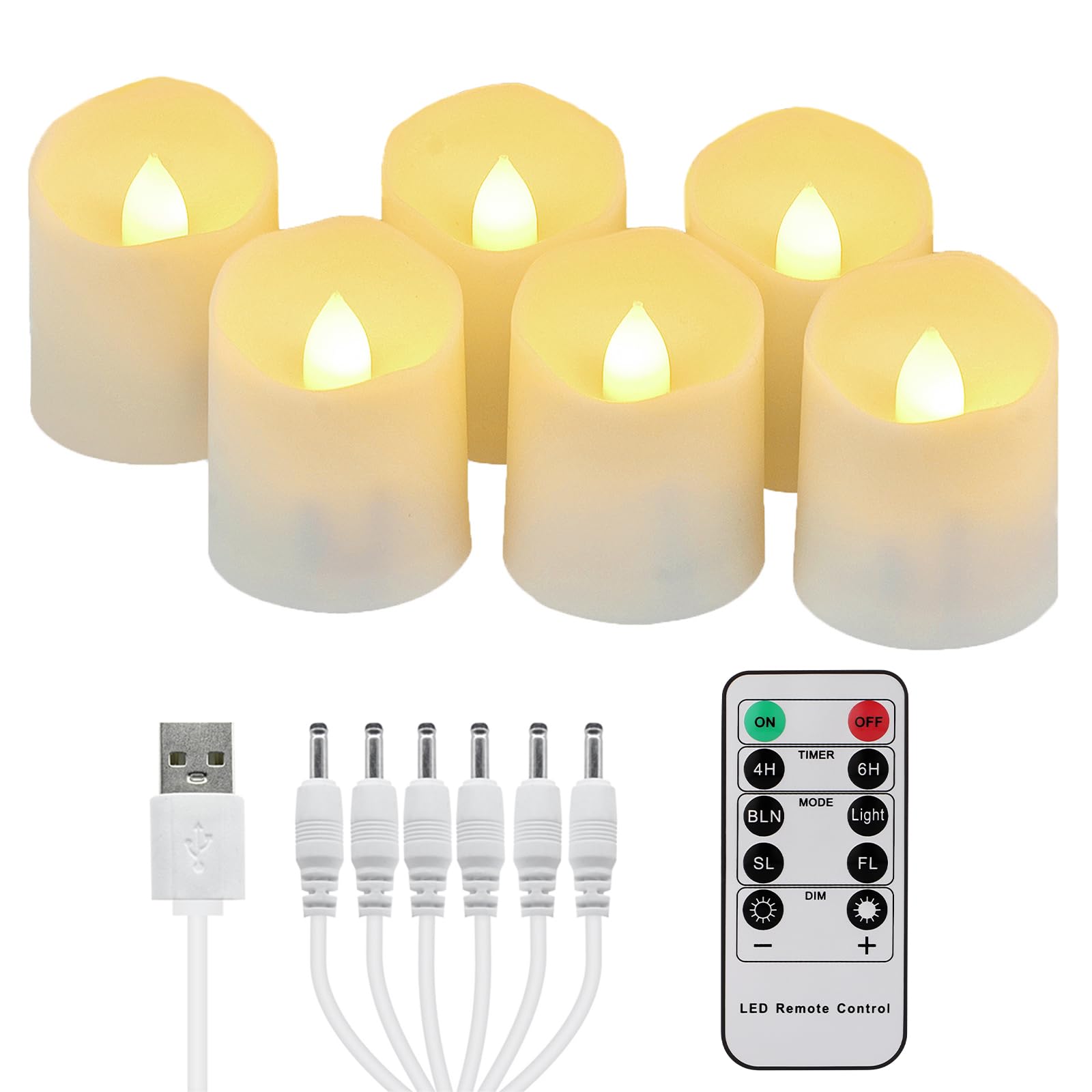 FREEPOWER 6pcs Rechargeable LED Tea Lights with Remote Control and Timer Warm White Flickering Dimmable Electric Flameless Candles with USB Charging Cable, Home Party Halloween Christmas Decor — image 1
