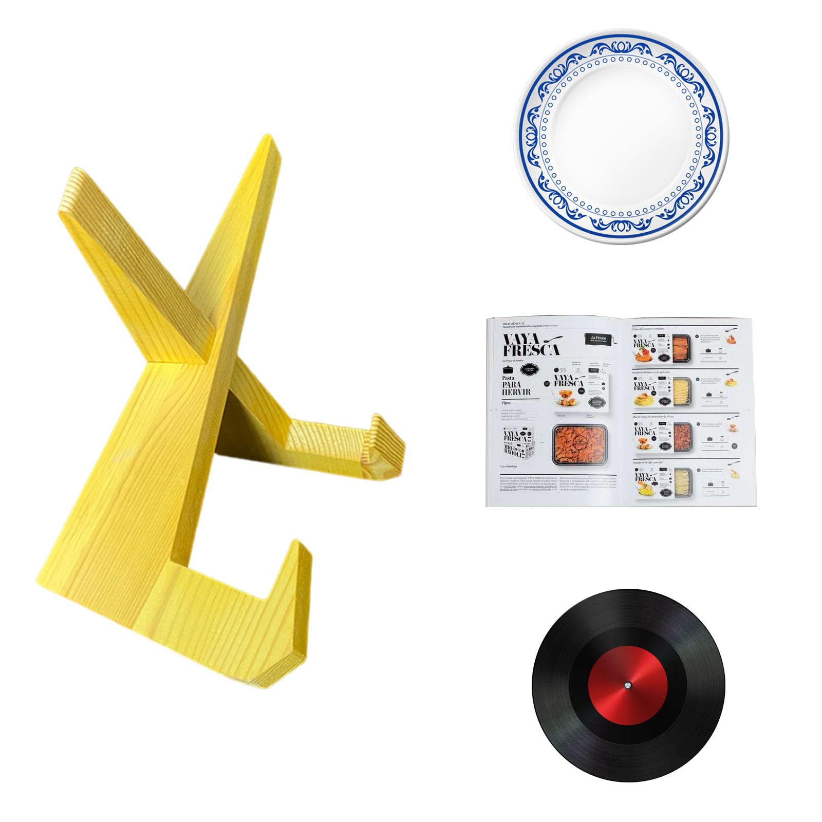 Quixotical Plate Holder Display Stand, Wooden Display Stand, Picture Frame Stand Recipe Holder Record Stand, Multifunctional Display Easel, for Book, Photo, Decorative Plate (Yellow)