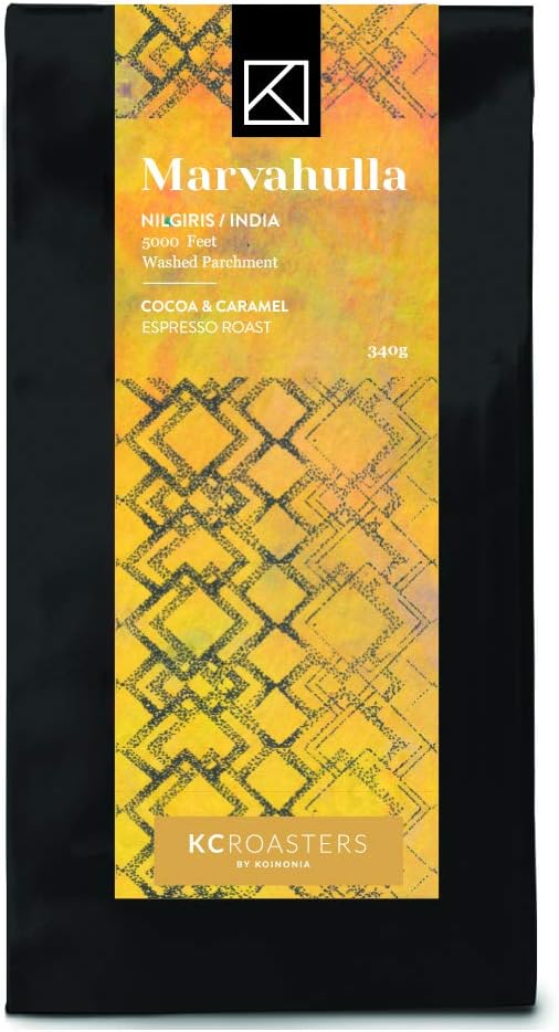 Koinonia KCROASTERS Marvahulla Estate (Dark Roast Coffee) | 340gm | Arabica Coffee Beans |Roasted & Ground For French Press | Packed in Biodegradable Bags