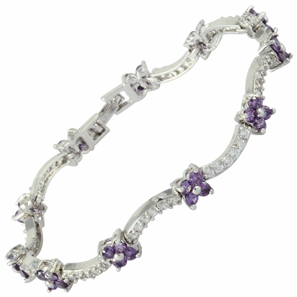 RIZILIA Blossom Tennis Bracelet [18cm/7inch] with Round Cut Gemstones CZ [Purple Amethyst] in 18K White Gold Plated, Simple Modern Elegance