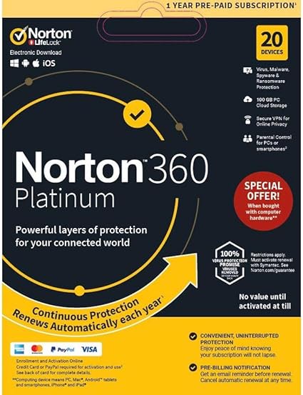 NORTON 360 Platinum 2019 - 1 year for 20 devices Includes 100GB ...