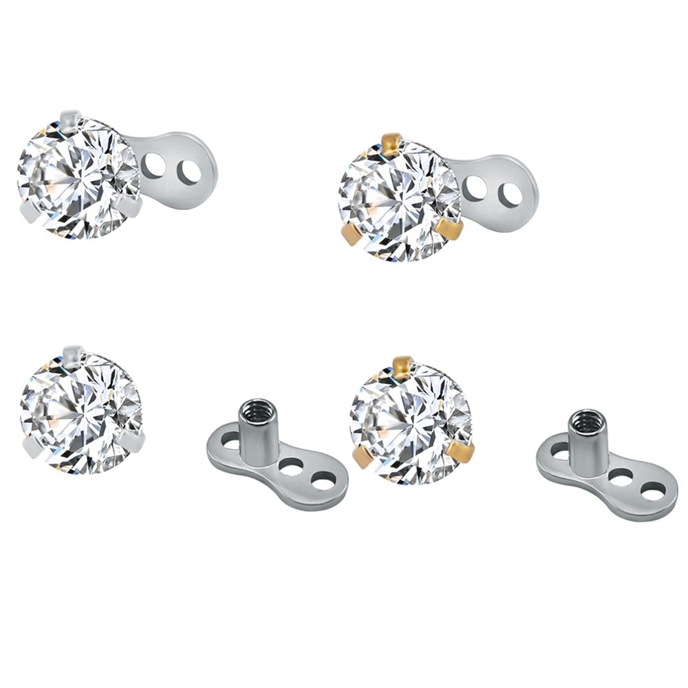 Unisex Surgical Steel Shiny Round Cubic Zirconia Dermal Anchor Tops and Base Microdermals Piercing 14g 4Pcs