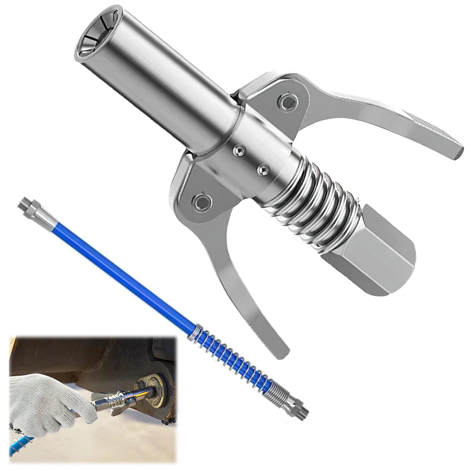 Ownkim High Pressure Grease Gun Coupler with Quick Release Lock-On, Grease Fitting Coupler, 11.8" Hose, 1/8" NPT Fitting - Durable Stainless Steel Construction