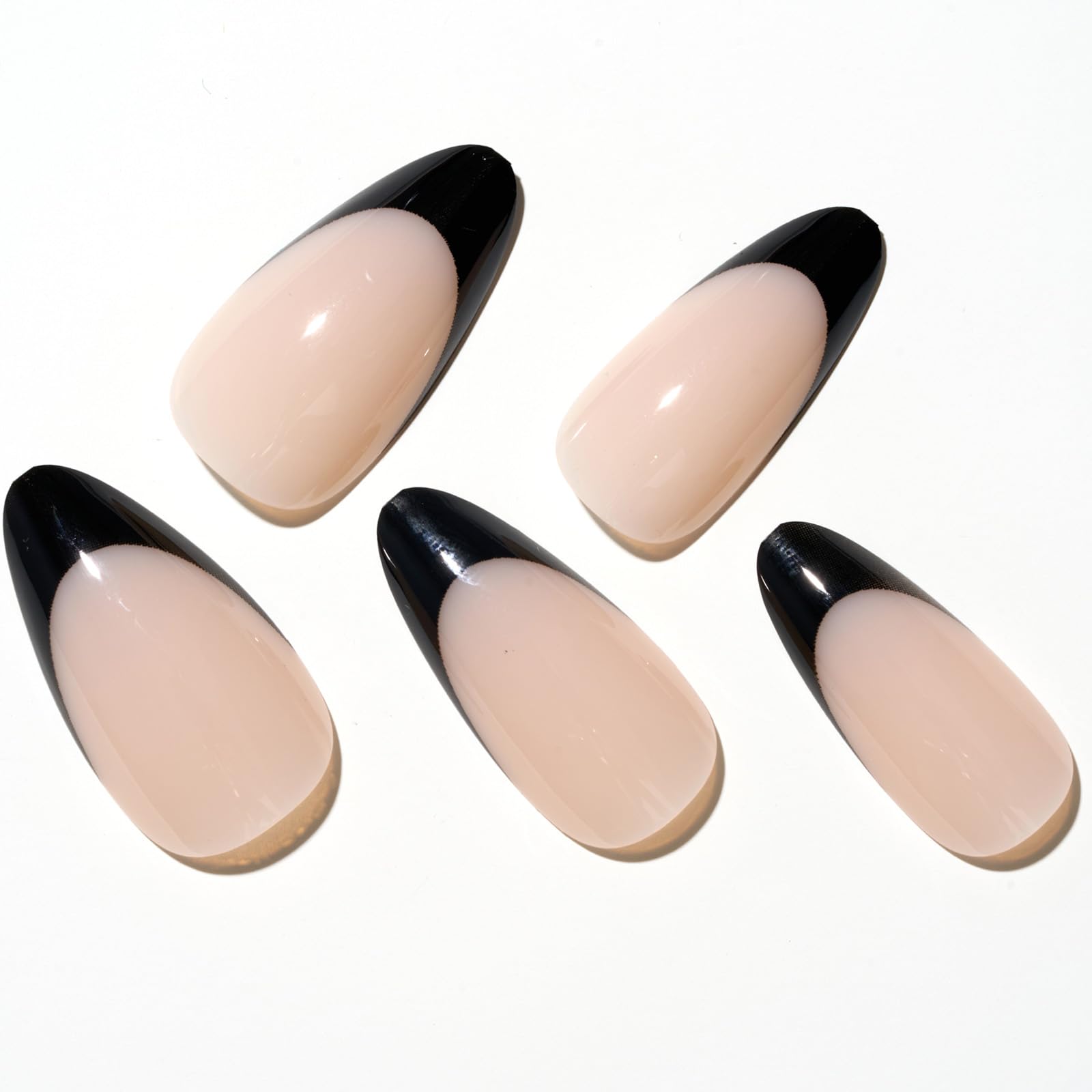 GLAMERMAID Press on Nails Medium Almond, Spring Summer Black French Tip Gel Glue on Nail, 24Pcs Glossy Short Stiletto Reusable UV Finish Fake Nails Acrylic False Nails Manicure Kits for Women - Image 3