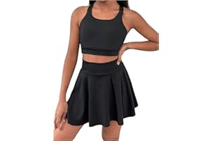 BEAUDRM Girl's Workout Solid Color Tank and High Waisted Skorts Set Athletic Sports Running Skirt with Pockets