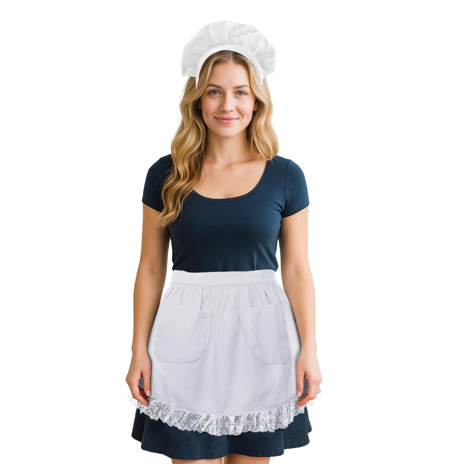 Aspire Waist Apron and Headband Set, Halloween Women's White Lace Cotton Half Apron Costume Maid Apron with Pockets - S โ image 1