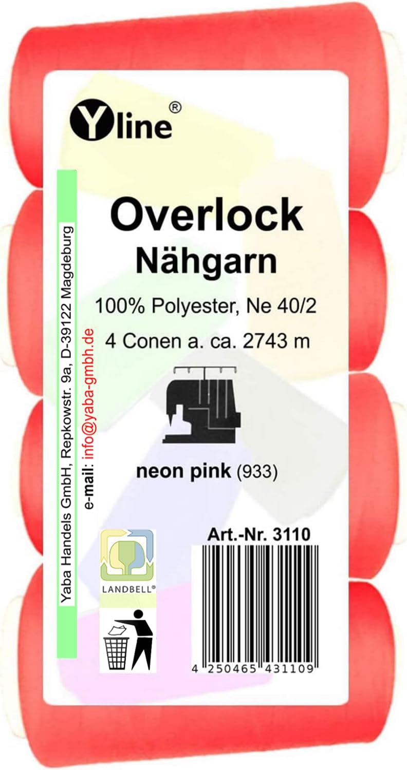 Pack of 4 Spools Overlock Sewing Thread, Neon Pink, 2743 m, NE 40/2, 100% Polyester, Sewing Machine Thread, 3110