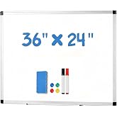 NEWBULIG White Board, 36" x 24" Magnetic Dry Erase Board for Wall with 1 Dry Eraser &amp; 2 Multi-Color Markers &amp; 4 Magnetic Pins, Silver Aluminum Frame for Office, Home, School, White