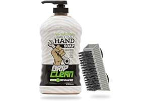 Grip Clean Hand Cleaner for Auto Mechanics, Heavy Duty Pumice Soap & Fingernail Brush, Tool Shop, Garage, Commercial, All Natural, Men, Women, Grit Cleansing, Sensitive Skin - 32oz Pump Top & Brush