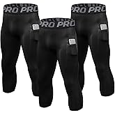 3 Pack Mens 3/4 Compression Pants Running Football Tights with Pockets Workout Active Leggings Sports Yoga Gym Baselayer