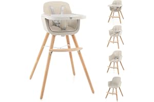 BABY JOY Convertible Baby High Chair, 3 in 1 Wooden Highchair/Booster/Chair with Removable Tray, Adjustable Legs, 5-Point Harness, PU Cushion and Footrest for Baby, Infants, Toddlers (Beige)