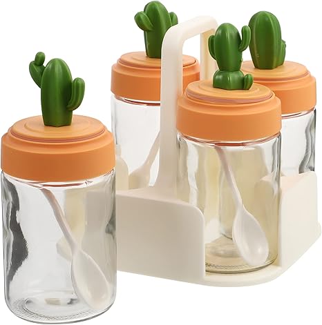 Amazon Cabilock 4個調味料ボックスセットガラス調味料瓶とサボテン蓋とスプーン塩砂糖ポット透明容器キッチンカウンター夏の装飾 茶筒 オンライン通販