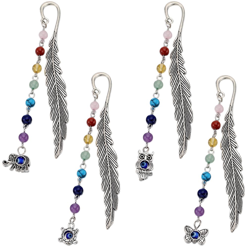 SUNNYCLUE 8Pcs Feather Bookmarks 7 Chakra Beads Metal Bookmarks Handmade Evil Eye Lampwork Bead Butterfly Elephant Tortoise Owl Feather Bookmark Bulk Metal Book Marks for Reading Teacher Student Gift