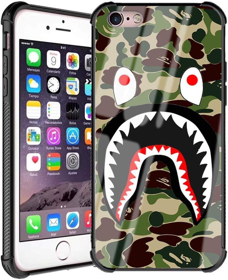 Doulounan iPhone 6s Case, Fashion iPhone 6 Case for Boys Men Camo Slim Fit Luxury Tempered Glass Back Cover with Soft Silicone TPU Shockproof Bumper Case for iPhone 6/6s (Army Green Shark)