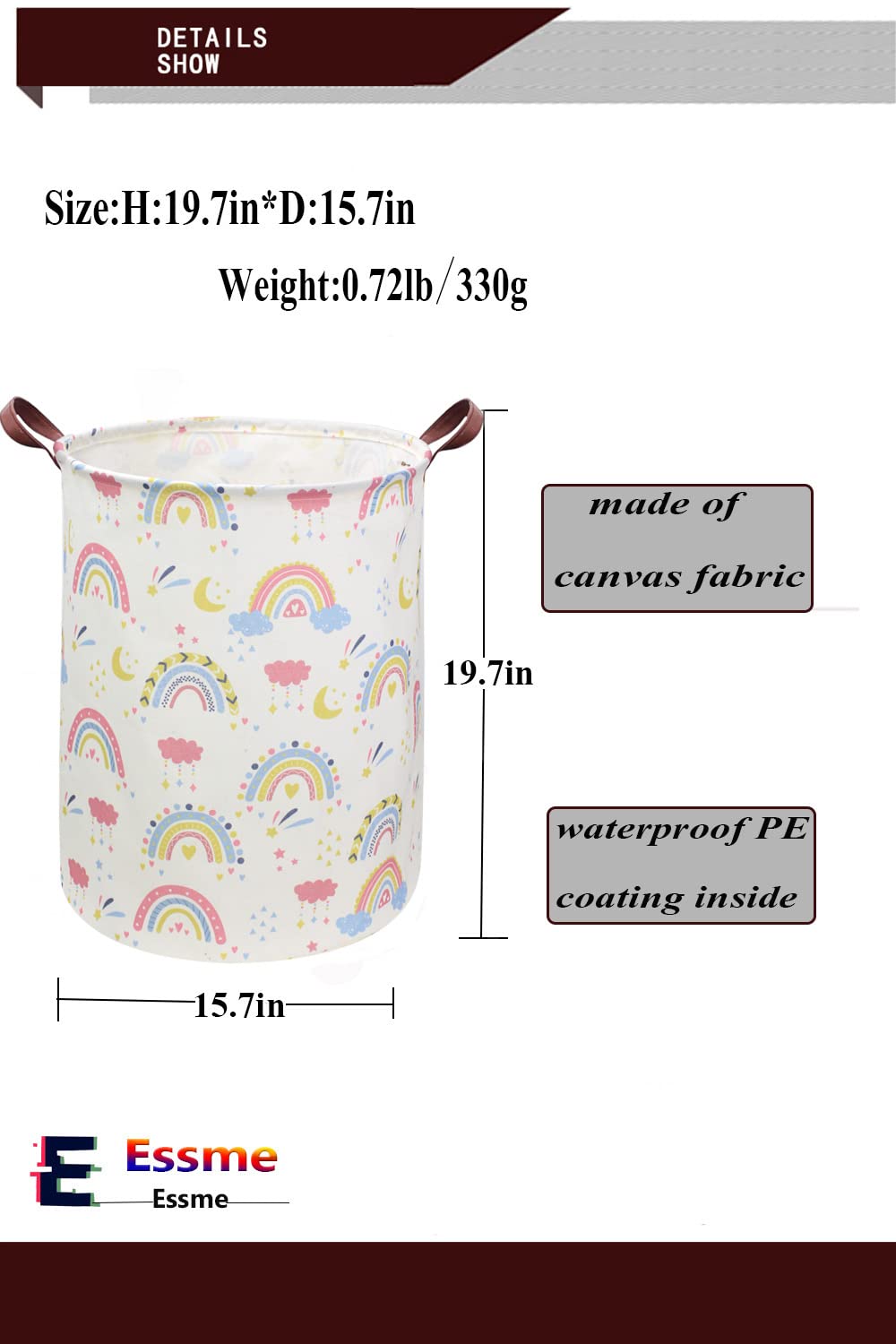 ESSME Rainbow laundry basket,Collapsible Kids Laundry Hamper with Waterproof PE Coating,Girls Hamper Nursery Hamper for Girls Room Decor,Toy storage,Gift Basket.(Rainbow)