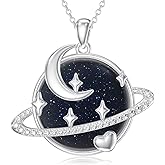 Reaii Natural Blue Sandstone Planet Necklace for Women 925 Sterling Silver Saturn Pendant with Genuine Blue Sandstone Jewelry Gifts for Her