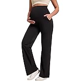 BRATUC Maternity Wide Leg Pants for Work Yoga Pregnancy Pants Over Belly Flowy Stretchy Casual Trousers with Pockets