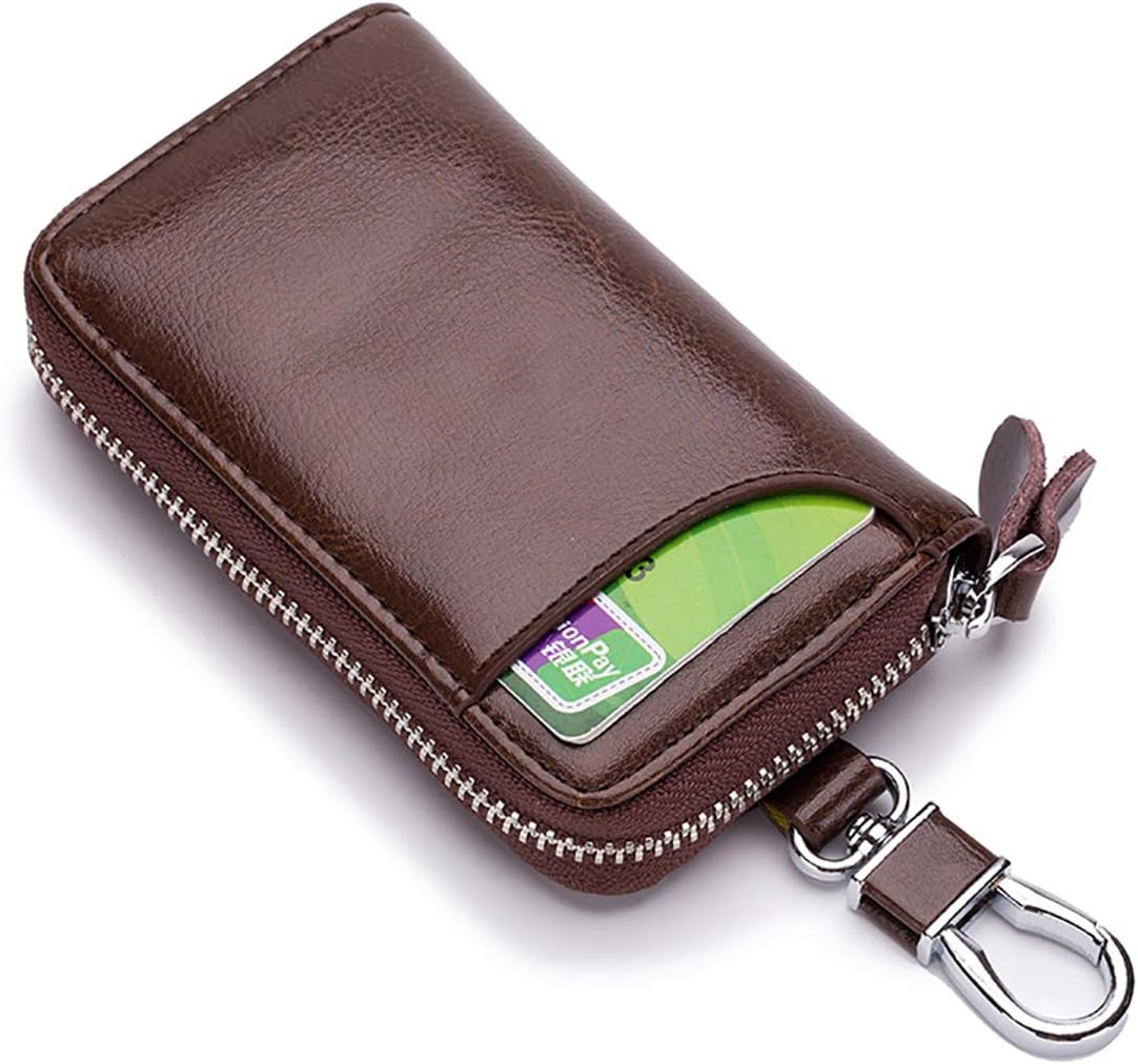 Aileder Zipped Leather Car Key Holder Case Bag Wallet Cover with Credit Card Holder Keychain Keyring (Brown)