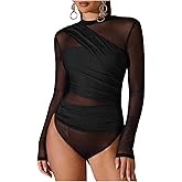 SweatyRocks Women's Sheer Mesh Bodysuit Ruched Mock Neck Long Sleeve Fitted Leotard