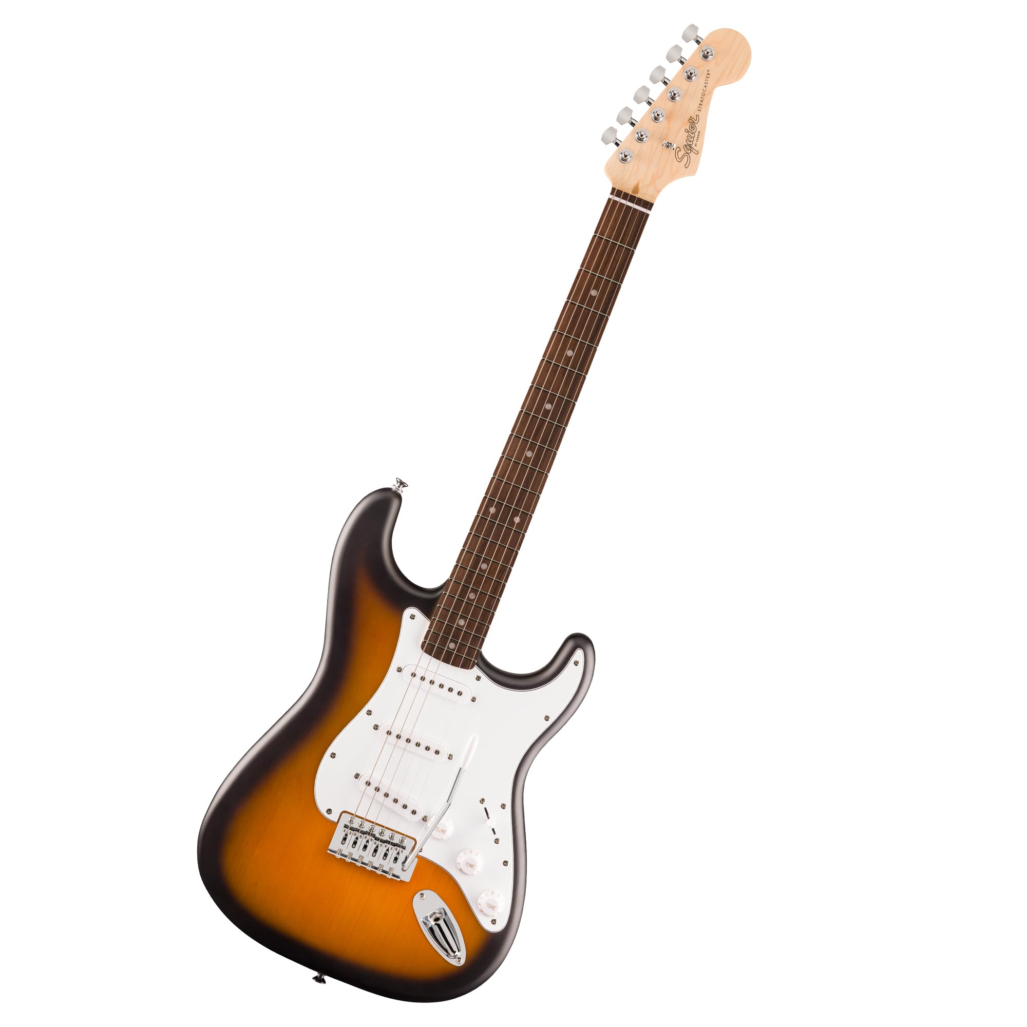 Squier by Fender Debut Collection Stratocaster E-Gitarre, Laurel-Griffbrett, Weißes Schlagbrett, 2-Farb-Sunburst