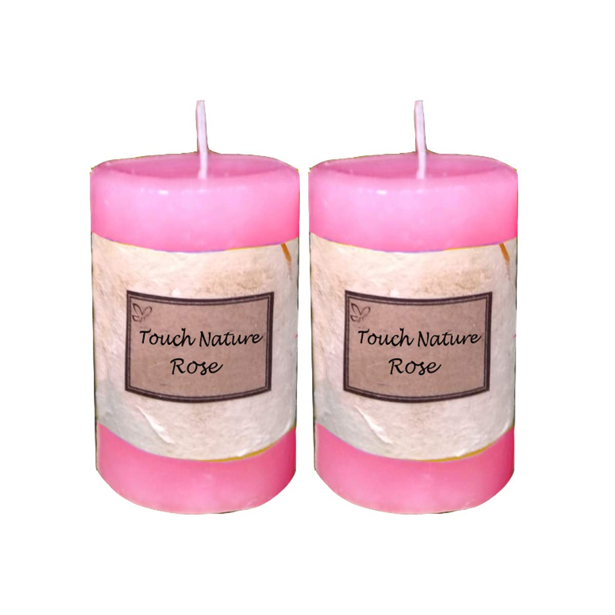 Touch Nature Rose Essential Oil Scented Aromatherapy Fragrant Pink Handmade Candle. Hand Poured Rustic Home Décor Pillar Candles. (5x7 cm, Set of 2)