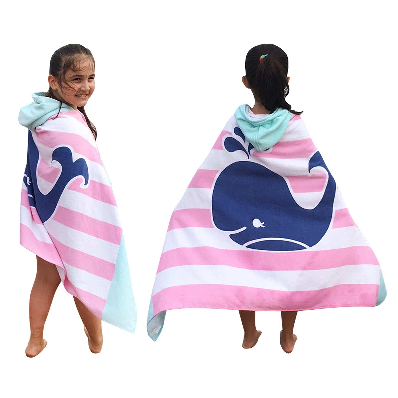 BANGSAUR Children's Hooded Bath Beach Towel, 100% Cotton 50"x30" Wrap, Kids Toddlers Girls Boys 3-12 Years Coverup(Striped Whale)
