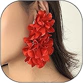 Large Red Flower Earrings for Women Exaggerated Flower Drop Dangle Earrings Fabric Floral Statement Earrings Trendy Party Wedding Jewelry Accessory