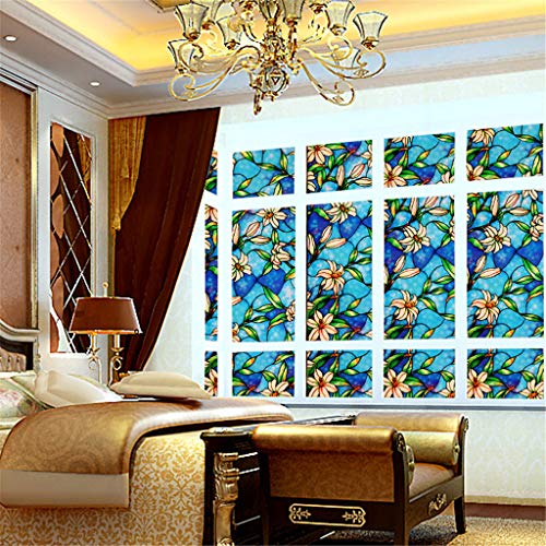 DondPO Wall Decal PVC Lily Static Window Film No Glue Removable Stained Glass Decal Art Nursery Decor