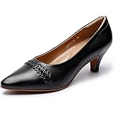 Mona flying Women's Leather Pump Med Heel Pointed Toe Office Dress Shoes for Ladies