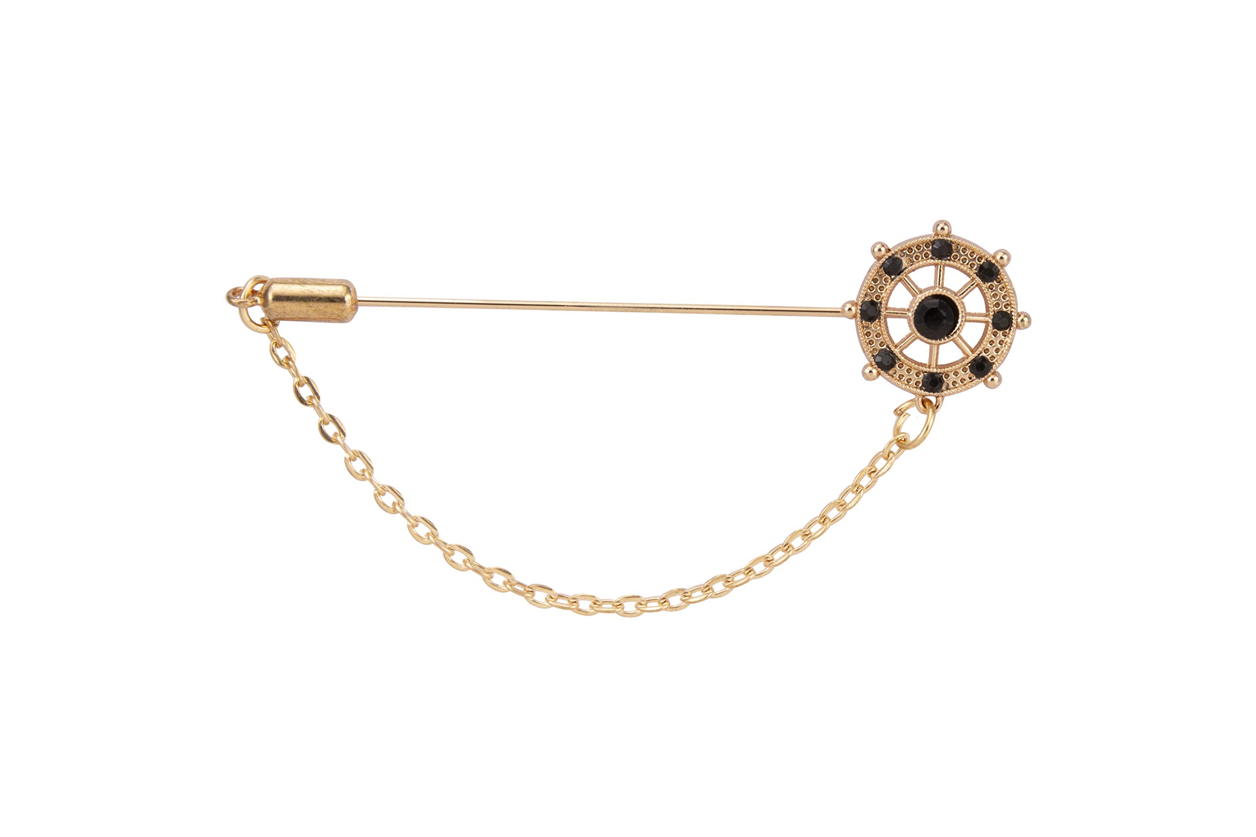 Brooch Lapel Pin for Men Men's Executive Wheel with Black Stone and Hanging Chain Lapel Pin Golden LP-50