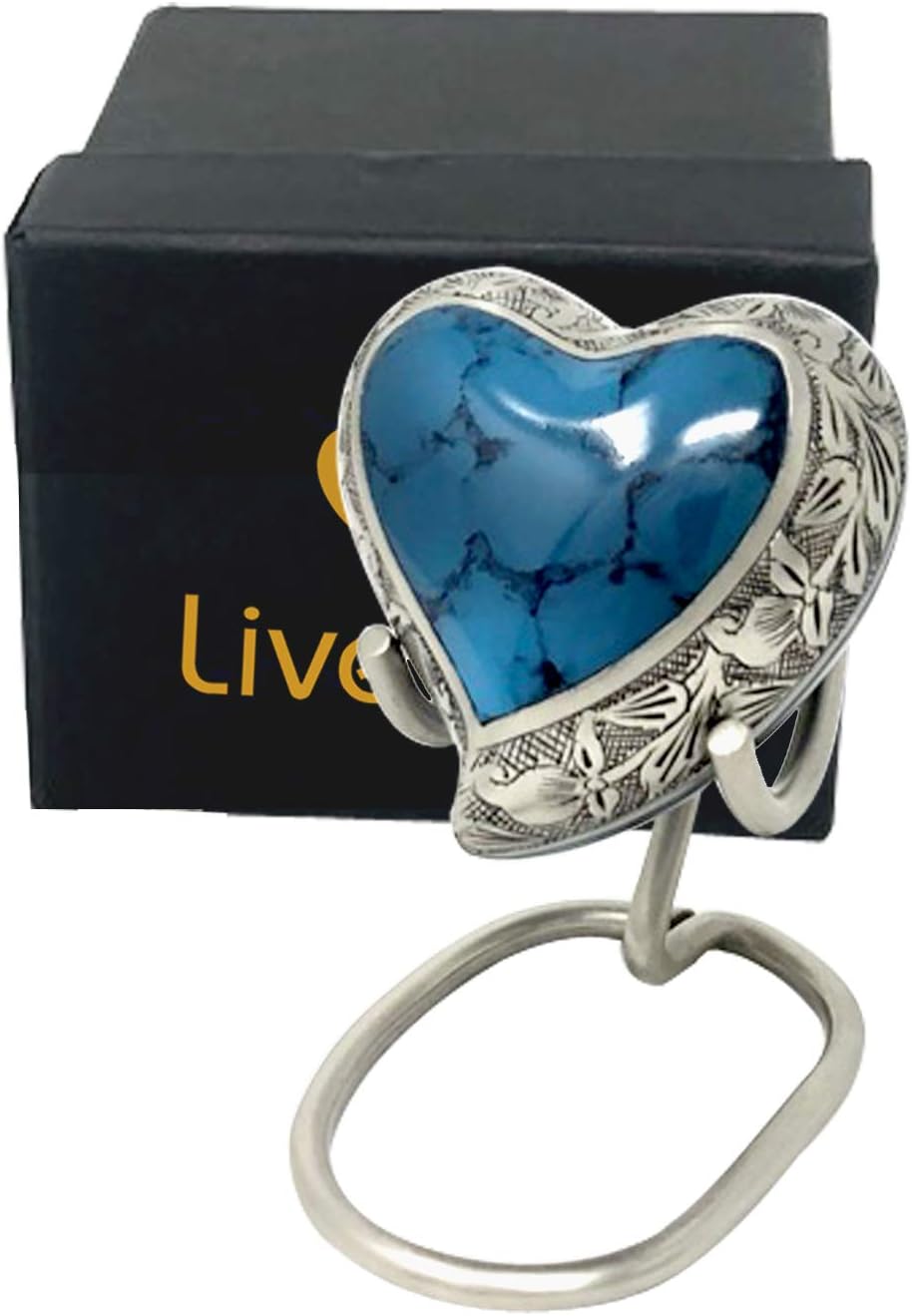 Liveurns Midnight Iris Heart Cremation Keepsake Urn, Brass Human Funeral Urn - Hand Made, Set Includes Display Stand