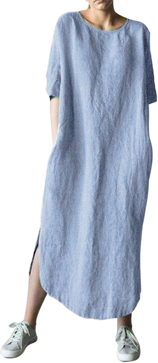 AUDATE Womens Plus Size Maxi Dress Solid Loose Cotton Long Dress Kaftan with Pockets