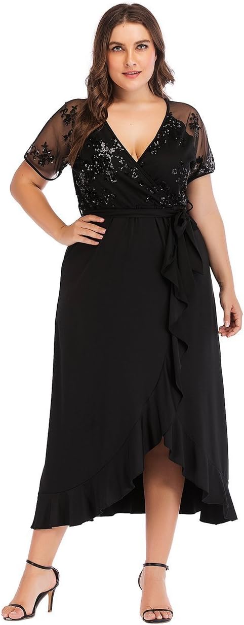 ESPRLIA Women's Plus Size V-Neck Stretch Lined Floral Flare Sequin Casual Party Cocktail Dress