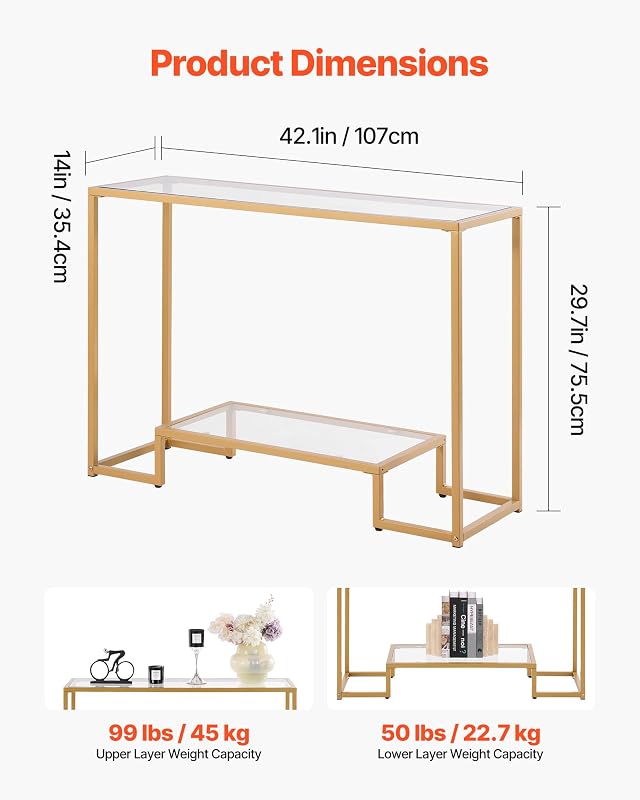 2-stufiger Konsolentisch moderner rechteckiger Flurtisch (107 x 35,4 x 75,5 cm) mit Platte aus gehärtetem Glas, Sofa-Beistelltisch mit Kippschutz für Wohnzimmer Flur Eingangsbereich Foyer