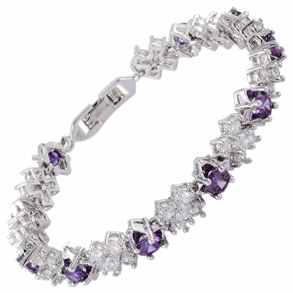 RIZILIA Tennis Bracelet [18cm/7inch] with Round Cut Gemstones CZ [Purple Amethyst] in 18K White Gold Plated, Simple Modern Elegance